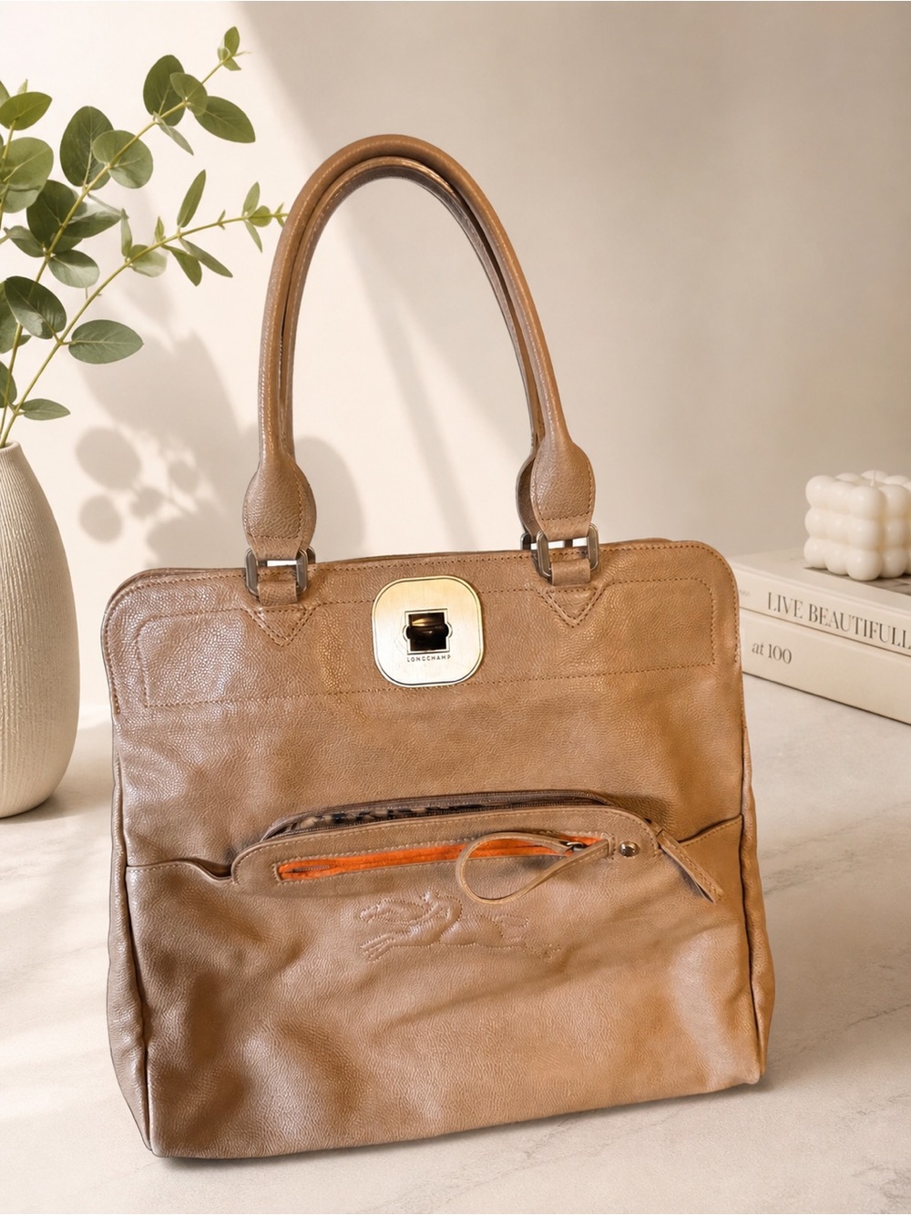 Longchamp Tan Leather Satchel with Front Zip Accent